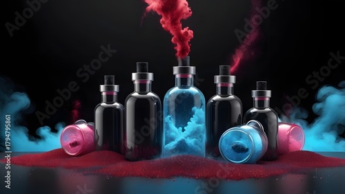 Dynamic Chemical Reaction: Vibrant Red Powder Bursting from Sleek Black and Clear Bottles Amidst Ethereal Blue Smoke and Shimmering Granules on a Dark Background