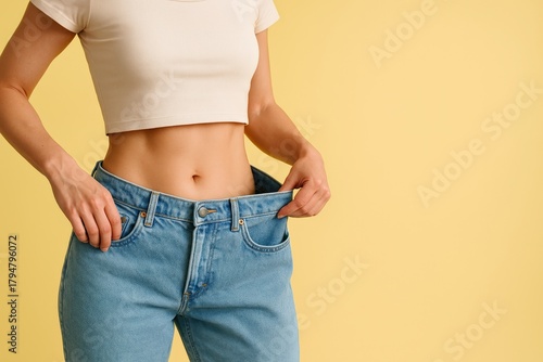 Woman celebrates healthy lifestyle success, confidently showcasing her significant weight loss by holding visibly looser blue denim jeans against a vibrant yellow backdrop