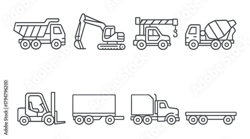 Construction vehicle icons set featuring dump truck, excavator, crane, and cement mixer