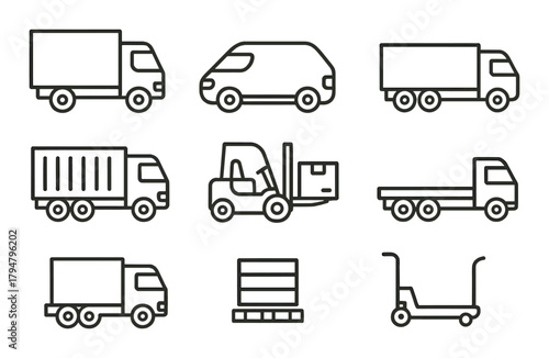 Various commercial vehicle icons including trucks, vans, forklift, and pallet on gradient background