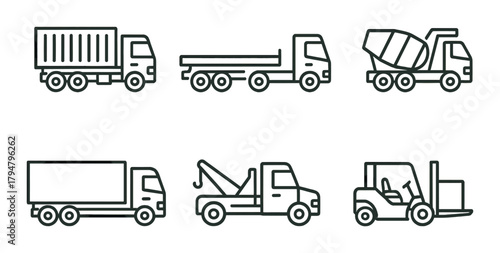 Outline icons of various industrial and commercial vehicles on green background