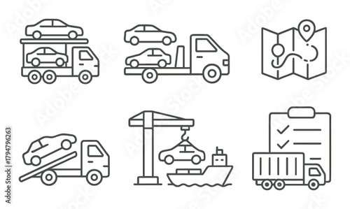 Vehicle transport icons set featuring trucks and cars with map and checklist elements