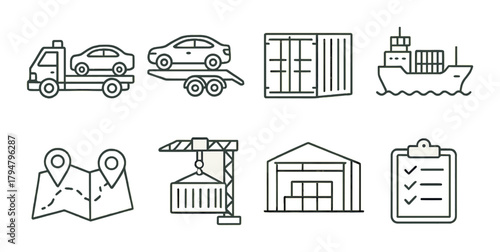 Logistics and transportation icons: shipping, storage, and delivery symbols