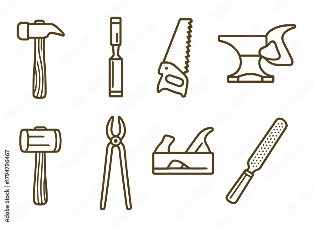 Fototapeta premium Collection of hand tools outline on yellow background