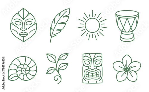 Collection of tribal symbols and natural icons in green tones