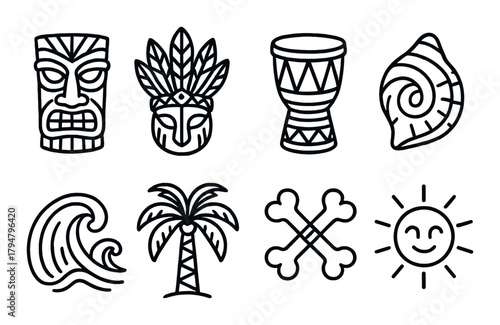 Tribal icons of tiki masks, drums, and symbols on earthy background