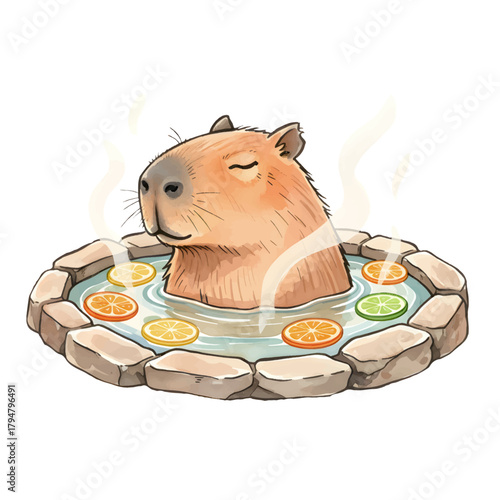 Relaxing capybara in a hot spring with citrus fruits, cute cartoon illustration