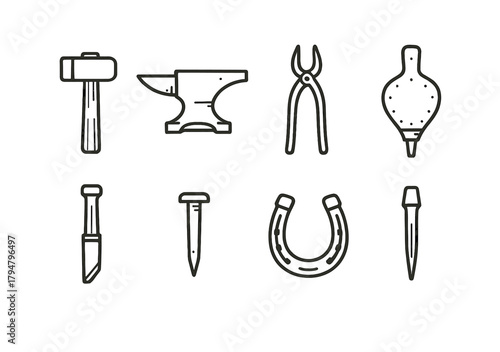 Blacksmith tools: hammer, anvil, tongs, bellows, chisel, nails, horseshoe on yellow background