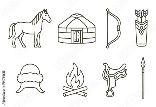 Traditional nomadic symbols: horse, yurt, bow, arrows, hat, fire, saddle, spear