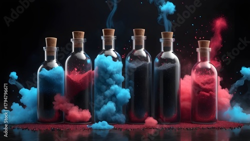 Dynamic Composition of Six Glass Bottles with Cork Stoppers Emitting Vibrant Red Powder and Billowing Blue Smoke on a Dark Reflective Surface, Highlighting Mystery and Science.