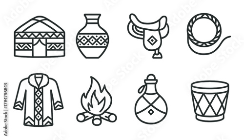Traditional nomadic icons: tent, pottery, saddle, rope, shirt, campfire, flask, drum