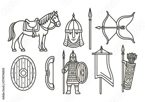 Medieval warfare icons featuring armor, weapons, and horse
