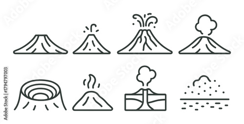 Various volcanic icons on a green background depicting eruptions and geological features