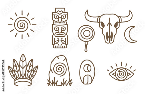 Ancient symbols with totem owl bull skull and feather headdress on golden background
