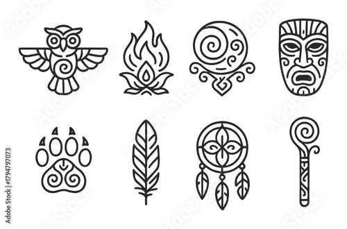 Set of eight tribal symbols including owl, flame, mask, and dreamcatcher on textured background