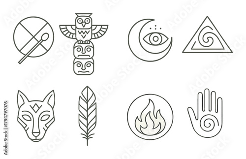 Mystical symbols: owl, totem, moon, eye, wolf, feather, fire, hand, spiral