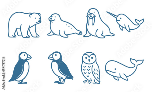 Stylized arctic animals: bear, seal, walrus, narwhal, puffin, owl, whale