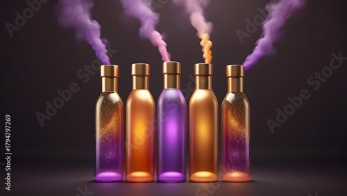 Five Elegant Gradient Bottles with Golden Caps Emitting Vibrant Colorful Smoke and Shimmering Liquids on a Dark Studio Background