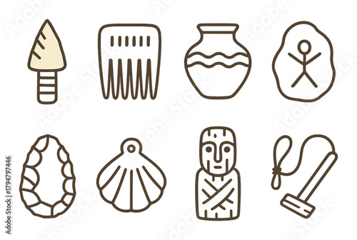 Collection of ancient artifacts: tools, pottery, and shell symbols on earthy background