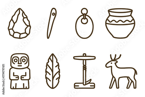 Primitive tools and artifacts: ancient implements and symbols on brown background