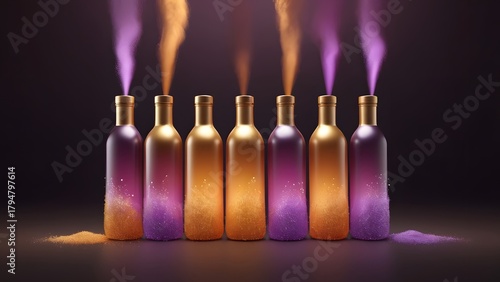 Row of Elegant Metallic Bottles, Golden and Purple, Emitting Vibrant Shimmering Powder Plumes Against a Dramatic Dark Background