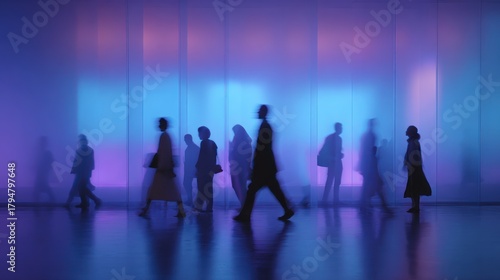 People Walking Through a Blue and Purple Glass Corridor in Motion — Silhouettes, Modern Office Space, Abstract Lighting