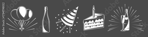 Birthday party icon set balloons, champagne bottle, festive cap, cake slice with candle, and confetti elements for celebration and decoration. Birthday symbols isolated on black background. Vector ill