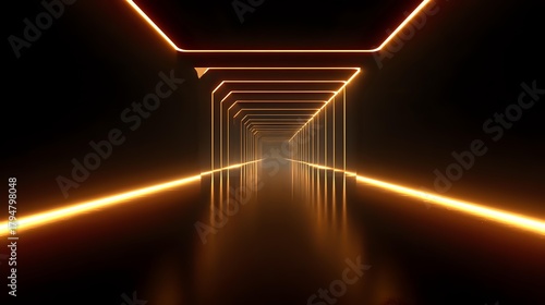 Fototapeta Naklejka Na Ścianę i Meble -  Abstract glowing neon tunnel perspective with geometric shapes and light reflections suitable for futuristic backgrounds and technology concepts