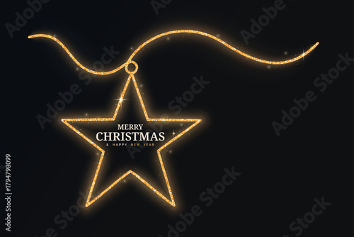 Gold glitter star continuous line isolated on a black background. Christmas glowing five pointed star with confetti. Vector illustration