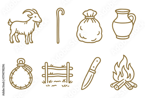 Rustic symbols: goat, shepherd's staff, sack, jug, container, fence, knife, campfire