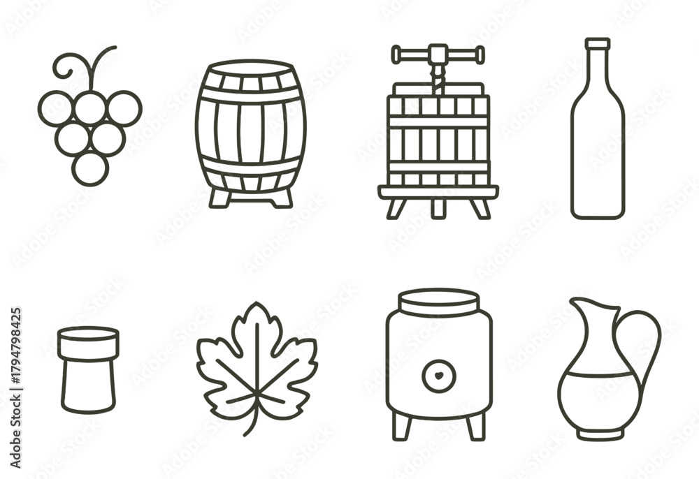 Fototapeta premium Vintage wine making icons featuring grapes barrel leaf and bottle