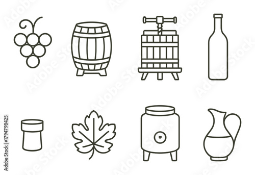 Vintage wine making icons featuring grapes barrel leaf and bottle