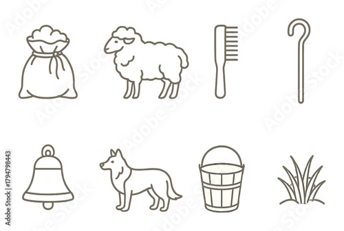 Farming symbols: sheep, dog, bell, bag, bucket, grass, comb, staff icons on wooden background
