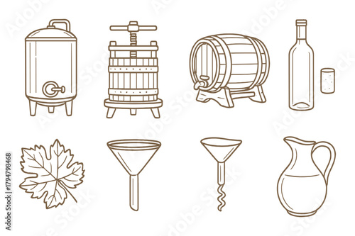 Wine production tools and symbols on rustic background