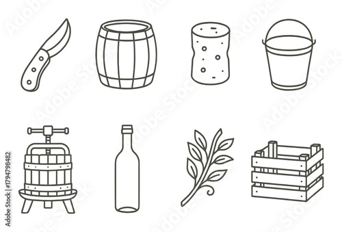 Wine-making tools and symbols illustration on gold background