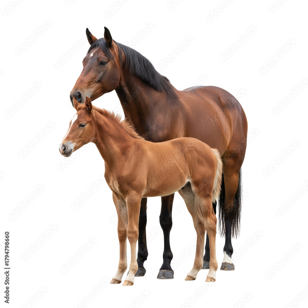 Fototapeta premium Equine Companionship A Brown Horse with its Chestnut Foal in Harmonious Isolation