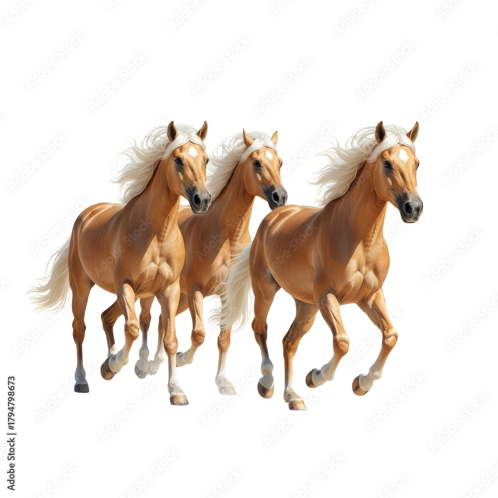 Obraz premium Graceful trio of palomino horses in full gallop, presented on a neutral, plain setting