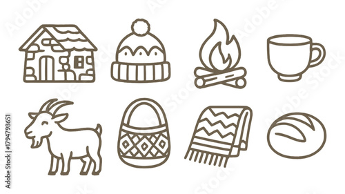 Cozy winter symbols: house, beanie, campfire, mug, goat, basket, blanket, bread