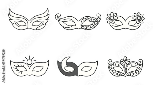Set of six decorative masquerade ball masks on gradient background