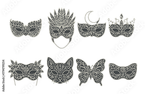 Intricate venetian masks collection with elegant designs on gradient background
