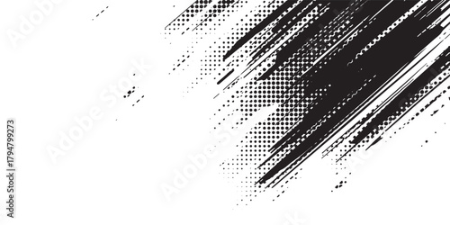 Abstract black and white grunge background with diagonal brush strokes and halftone dot texture, creating a distressed and modern graphic design element.
