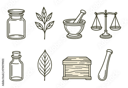 Herbal medicine icons - mortar, scales, bottles, and leaves on gold background