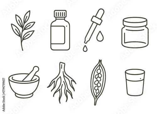 Herbal and natural remedies icons: arthritis medicine and ingredients