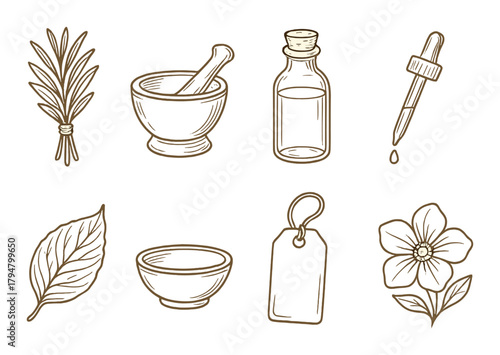Herbal apothecary elements: mortar, bottle, dropper, leaf, tag, flower
