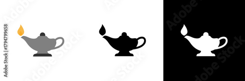 A classic genie lamp with a small golden flame is illustrated in color, solid black, and bright white silhouettes, representing magic and mystery.