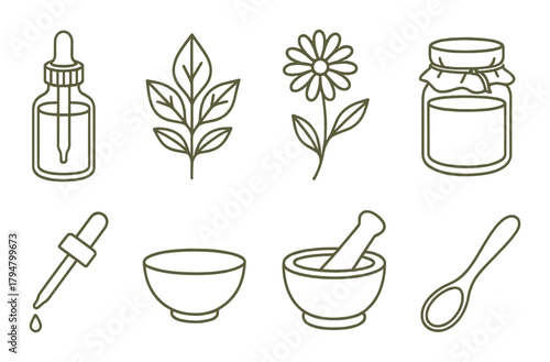 Natural remedy icons: dropper, leaves, flower, honey jar, mortar, spoon