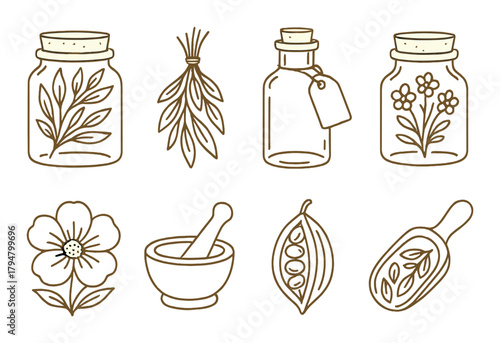 Herbal apothecary elements: jars, bottles, and botanical illustrations on gold background