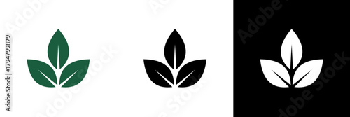 A simple three-leaf icon symbolizing nature and growth, shown in color, solid black, and white versions to fit light or dark backgrounds.