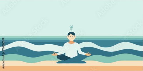 A person meditates peacefully by the ocean, seated in a lotus pose. Gentle waves and soft colors create a serene atmosphere that reflects mindfulness, relaxation, and mental clarity.
