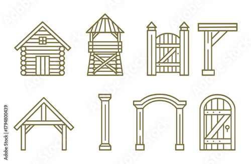 Collection of wooden architectural structures and gate designs on yellow background